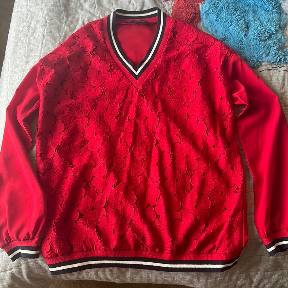 Tommy Hilfiger Red Floral Print Long Sleeve V-neck Top- Size Small